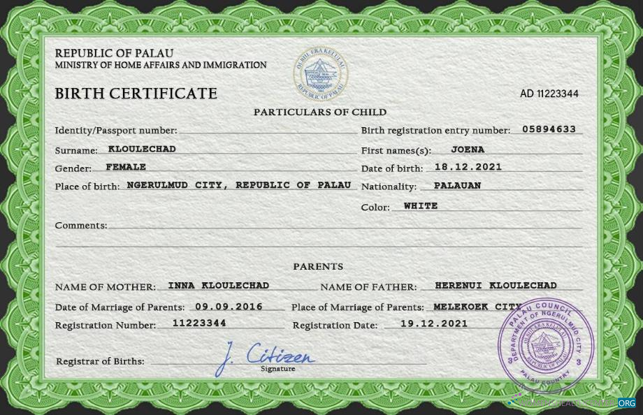 Download Palau birth certificate PSD template Photoshop template